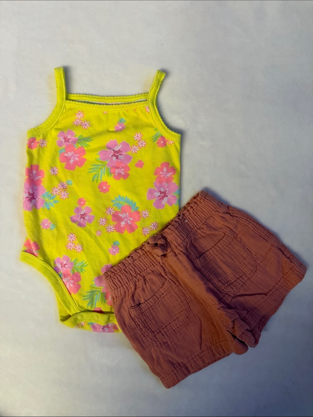 Yellow Floral Tank Bodysuit with Rust Brown Shorts